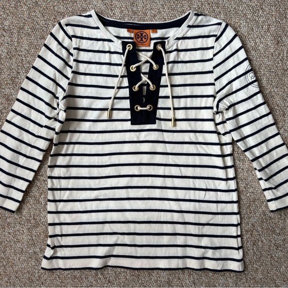 Tory Burch Tops - Tory Burch Navy & White Striped Lace-Up Top 3/4 sleeves, nautical sailor, Size S